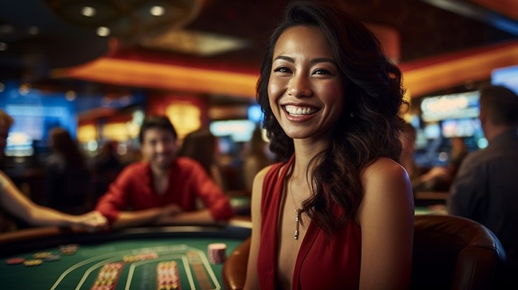 Dealer kasino live profesional sedang melayani permainan di studio dengan sistem streaming berkualitas